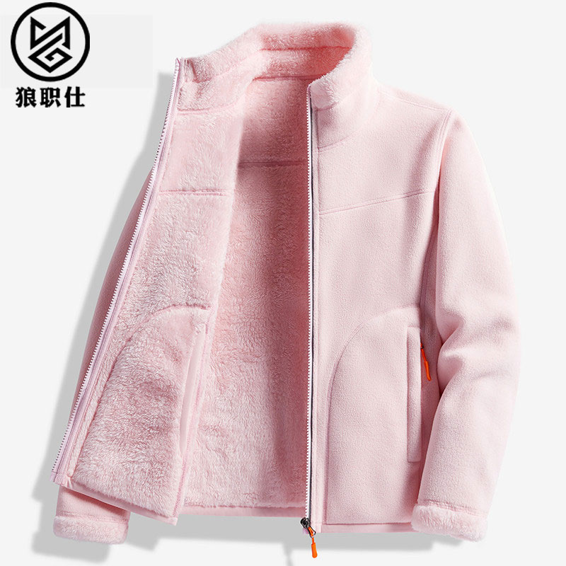狼职仕抓绒衣女秋冬加绒加厚羊羔绒双面穿保暖卫衣珊瑚绒外套男潮