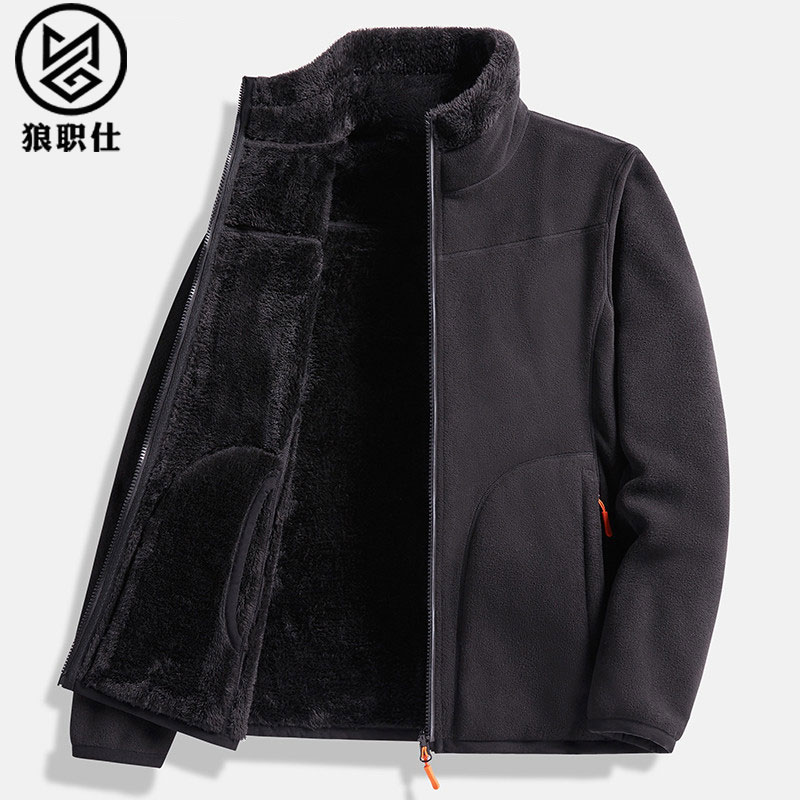 狼职仕抓绒衣男秋冬加绒加厚羊羔绒双面穿保暖卫衣珊瑚绒外套女潮