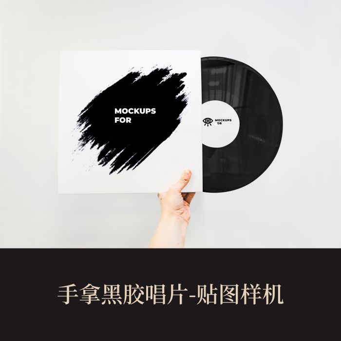 高端提案利器优质PSD手拿黑胶唱片VI样机素材模板logo智能贴图