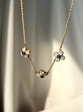 PURE法式复古宝石蓝色小花项链女古典设计风轻奢小众优雅锁骨链