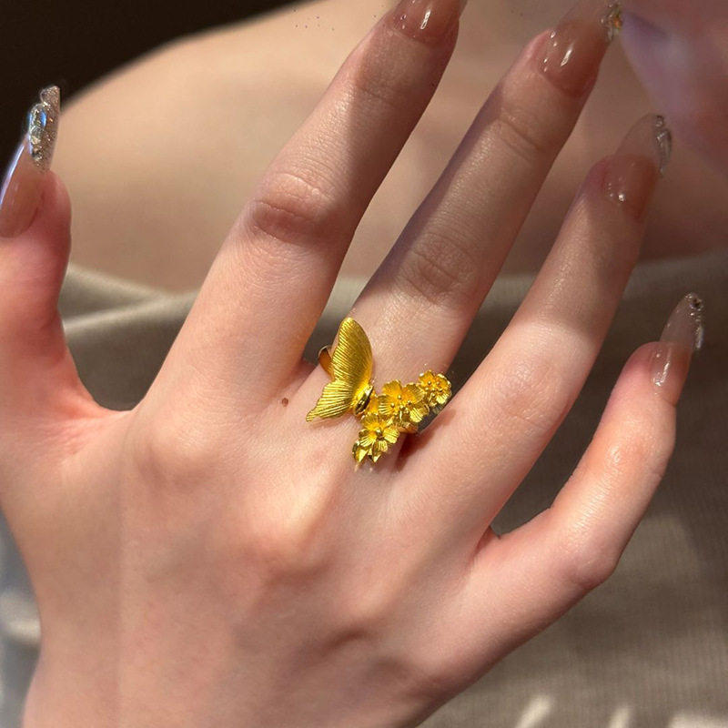 PURE蝴蝶桃花戒指女古法复古重工拉丝蝴蝶花朵不对称夸张富贵花