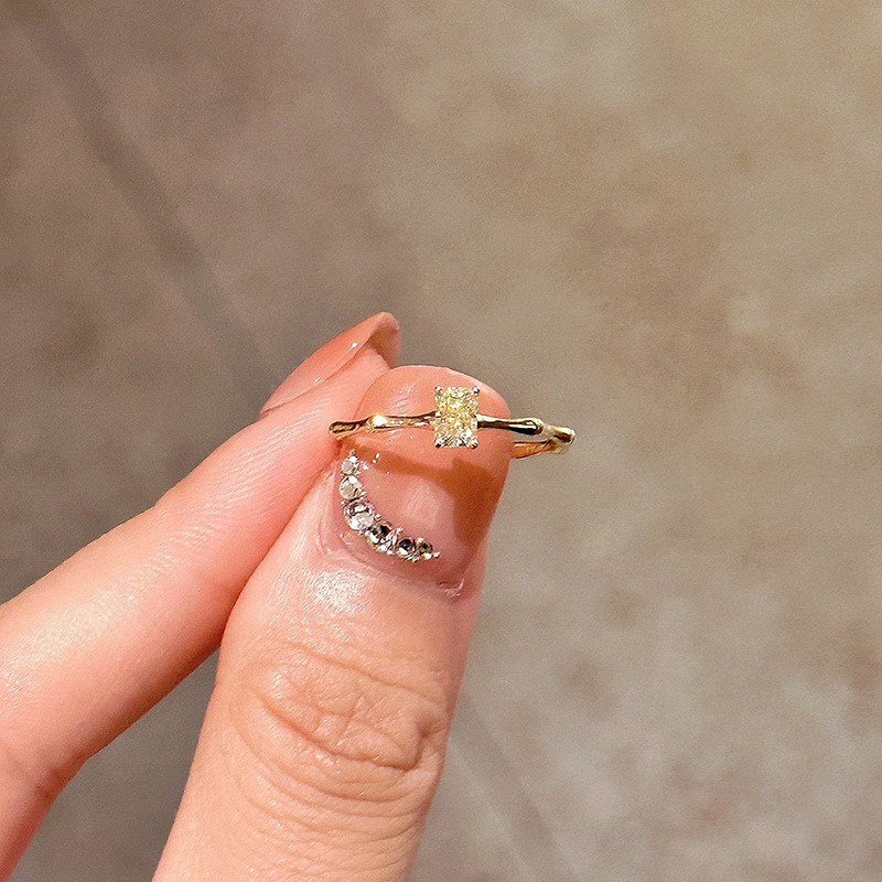 PURE黄钻小方糖戒指女招财简约闪钻竹节指环开口可调节方钻食指戒