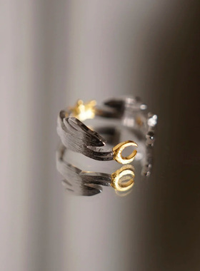 PURE星月兔子戒指女唐风敦煌纹样拉丝镀18k金新中式开口食指戒指