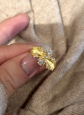 PURE法式复古金色拉丝锆石缎面戒指女小众设计时尚轻奢精致感手饰