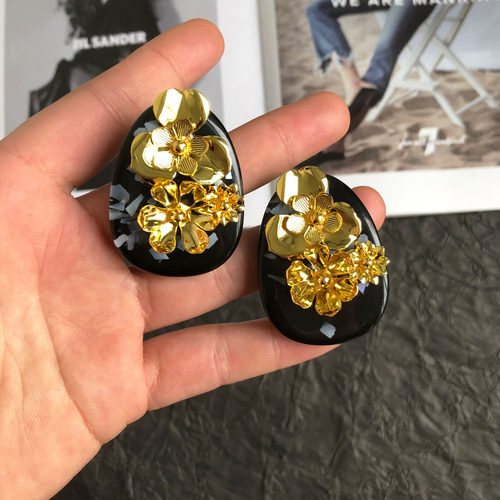 PURE新中式复古黑金花朵银针耳环女轻奢重工设计夸张独特复古耳饰