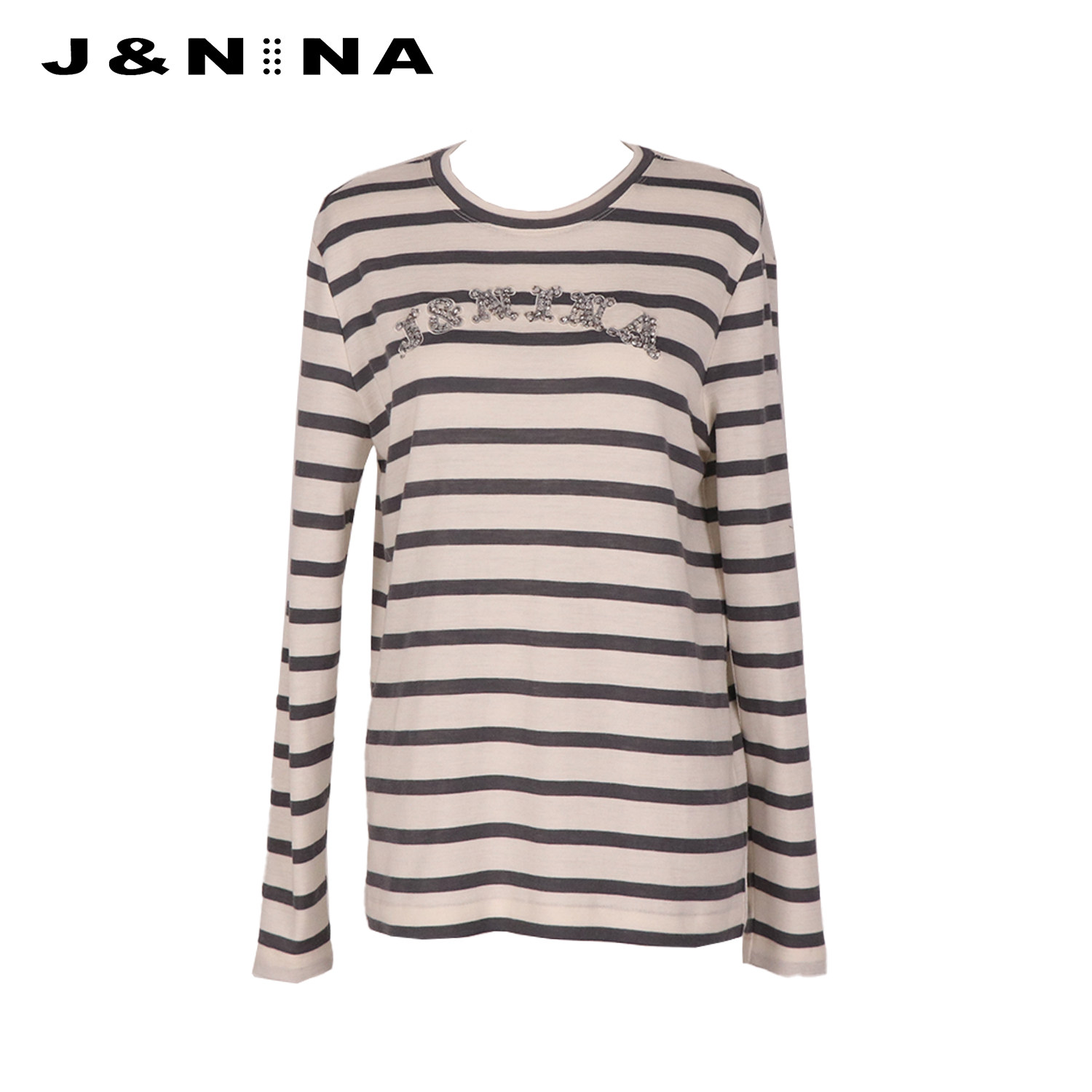 J＆NINA捷恩尼纳 2025秋季新款 手工镶钻字母装饰条纹长袖羊毛T恤