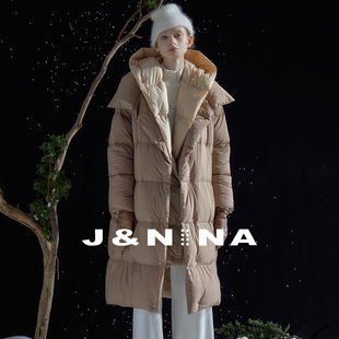 J&NINA捷恩尼纳 2025冬季新品 直身撞色假两件长款鹅绒羽绒服女
