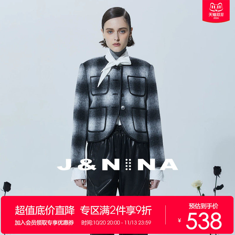 J＆NINA捷恩尼纳25冬新款女装千鸟格修身短款显瘦外套减龄上衣