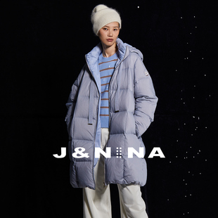 J&NINA捷恩尼纳 2025冬季新款 H型微龟背连帽中长款鹅绒羽绒服女