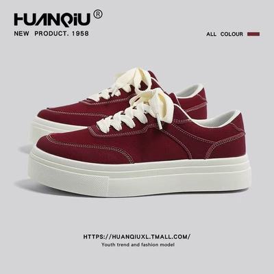 环球酒红色帆布鞋女厚底增高软底不累脚圆头低帮圆头透气休闲板鞋