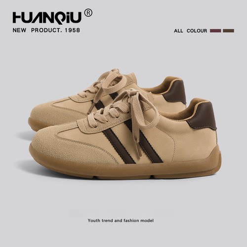 环球磨砂皮德训鞋女2025新款春秋百搭厚底软底休闲鞋平底系带板鞋