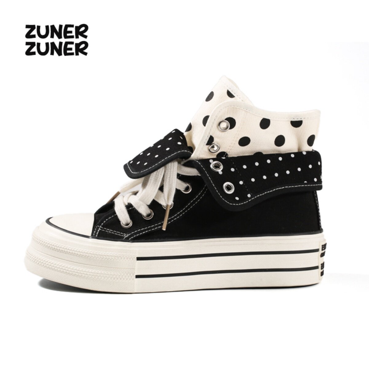 尊儿小众设计两穿波点高帮帆布鞋女2026春季新款休闲百搭厚底板鞋