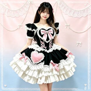 少女初中生连衣裙洛丽塔正版lolita裙黑白荷叶边公主裙小个子甜美