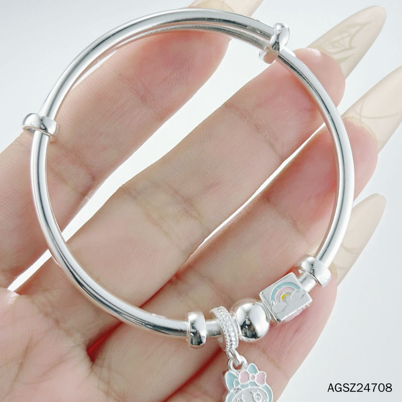 足银999.9 精工圆棍推拉串珠吊卡通拉布布珐琅儿童手镯宽约:2.9mm