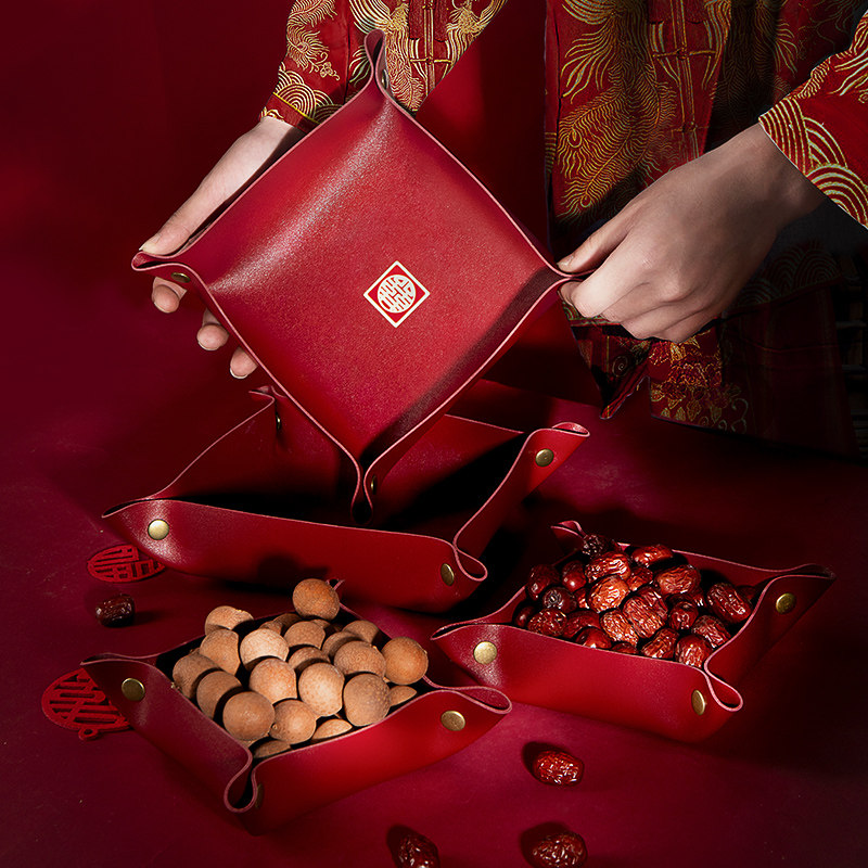 结婚皮质果盘早生贵子提篮摆件