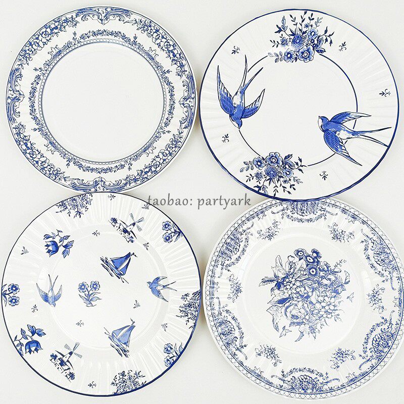 出口青花瓷元素纸盘中国风印花白底蓝花盘Blue Porcelain