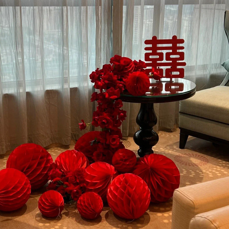 红色蜂窝球喜字灯笼婚房布置套装酒店客厅结婚装饰婚礼男方女方