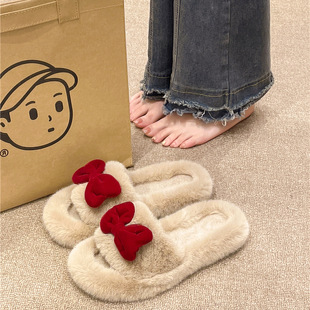 结婚蝴蝶结毛毛拖鞋女新款厚底懒人一脚蹬新娘陪嫁棉拖鞋