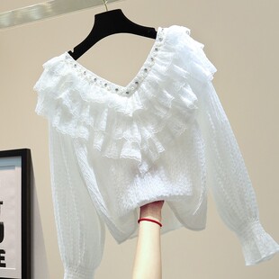 重工钉珠荷叶边V领衬衫女2026秋季韩版宽松镶钻蕾丝花边长袖衬衣