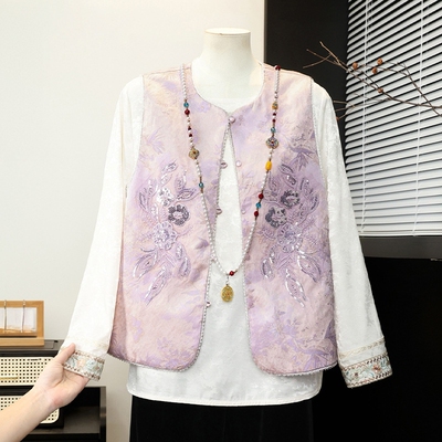 妈妈春装马甲无袖外套端庄大气两件套装新中式刺绣中老年女上衣服