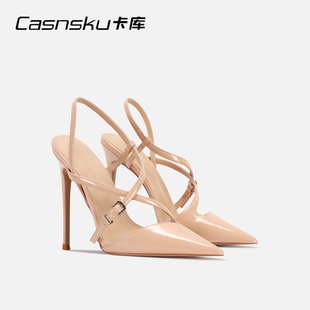 CASNSKU/卡库法式晚风包头凉鞋裸色漆皮交叉绑带高跟鞋女细跟后空