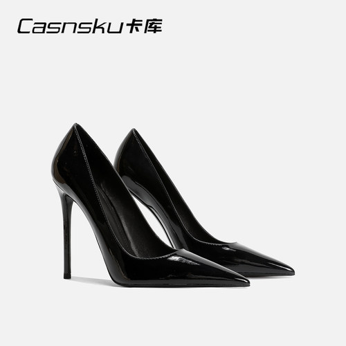 御姐黑色漆皮高跟鞋女细跟