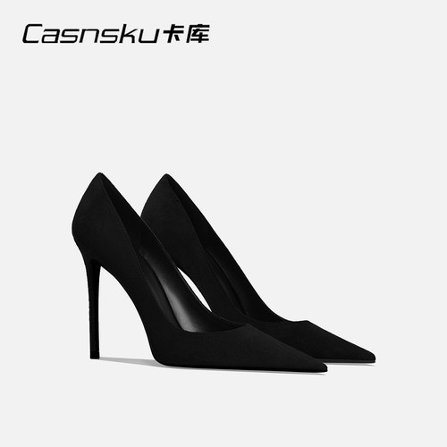 CASNSKU卡库 气质黑色绒面高跟鞋细跟尖头浅口职业单鞋上班不累脚