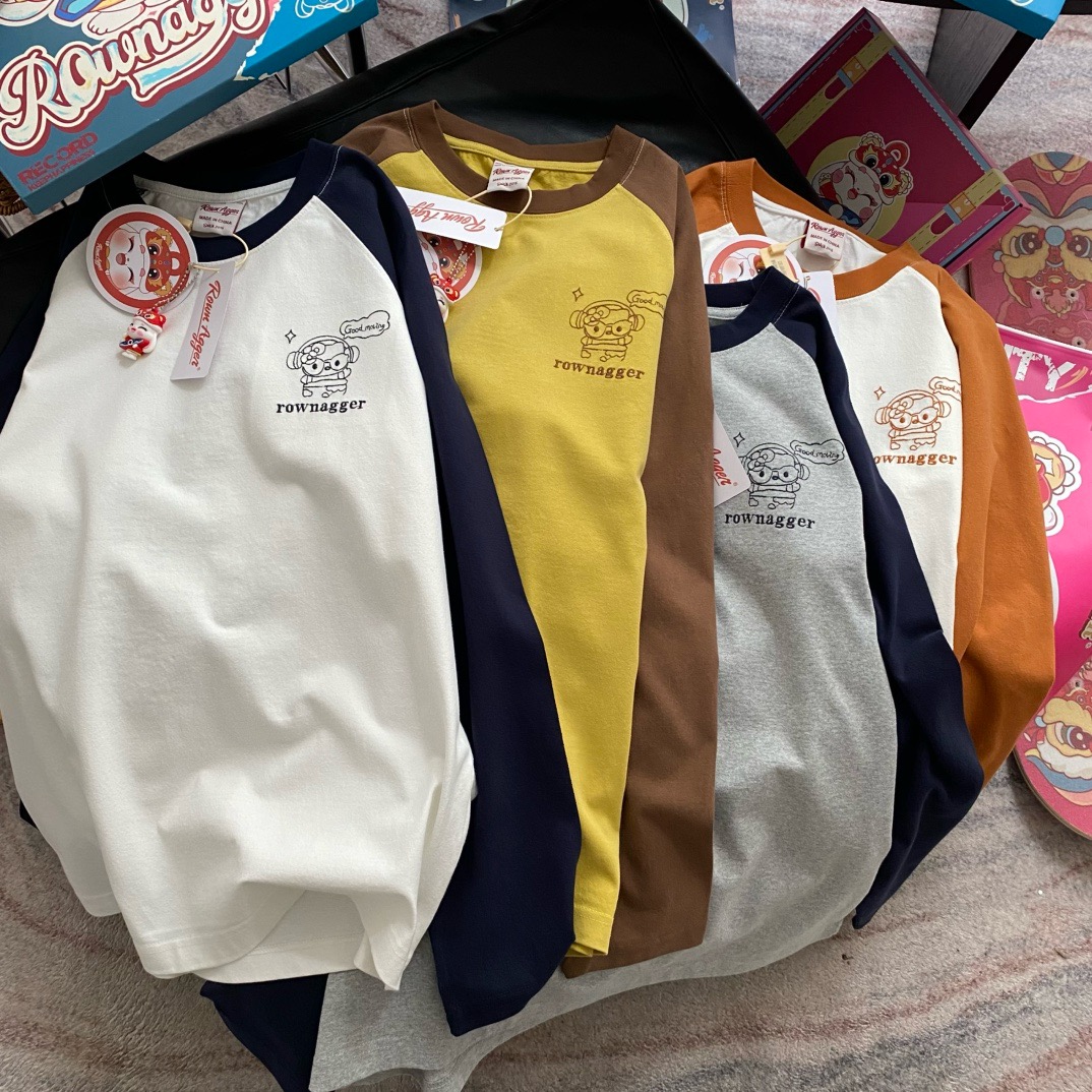 ROWNAGGER纸袋家秋冬纯棉磨毛插肩袖刺绣长袖T恤软糯宽松百搭打底