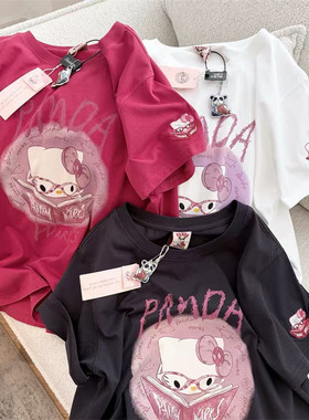 Pandawarks熊猫纸袋 卡通学霸kitty减龄学生短袖180g纯棉T恤上衣