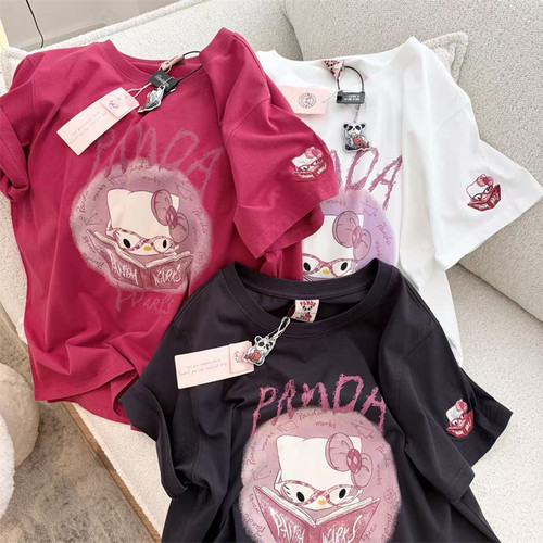 Pandawarks熊猫纸袋 卡通学霸kitty减龄学生短袖180g纯棉T恤上衣