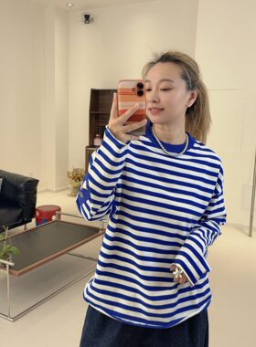 撞色条纹慵懒风ROWNAGGER纸袋家秋冬230g纯棉口袋长袖T恤刺绣打底