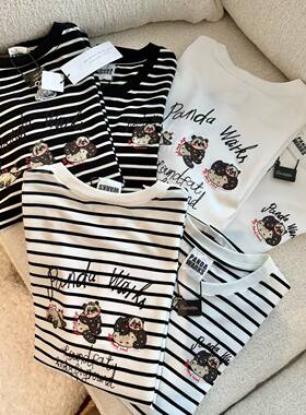 Pandawarks熊猫纸袋家夏季短袖前后刺绣宽松半袖T恤230g纯棉双纱