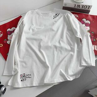 26年春款卡通刺绣长袖T恤女纸袋家纯棉宽松百搭内搭中长款打底衫