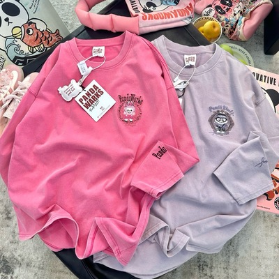 炒雪花刺绣拉布布Pandawarks熊猫纸袋家纯棉长袖T恤潮宽松打底衫