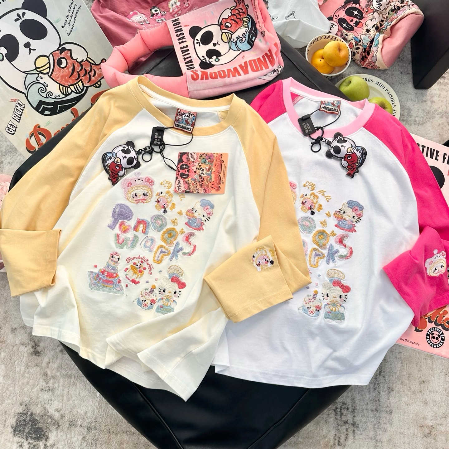 Pandawarks熊猫纸袋家纯棉长袖T恤女宽松打底衫卡通刺绣上衣潮牌