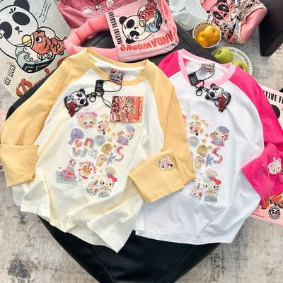 Pandawarks熊猫纸袋家纯棉长袖T恤女宽松打底衫卡通刺绣上衣潮牌