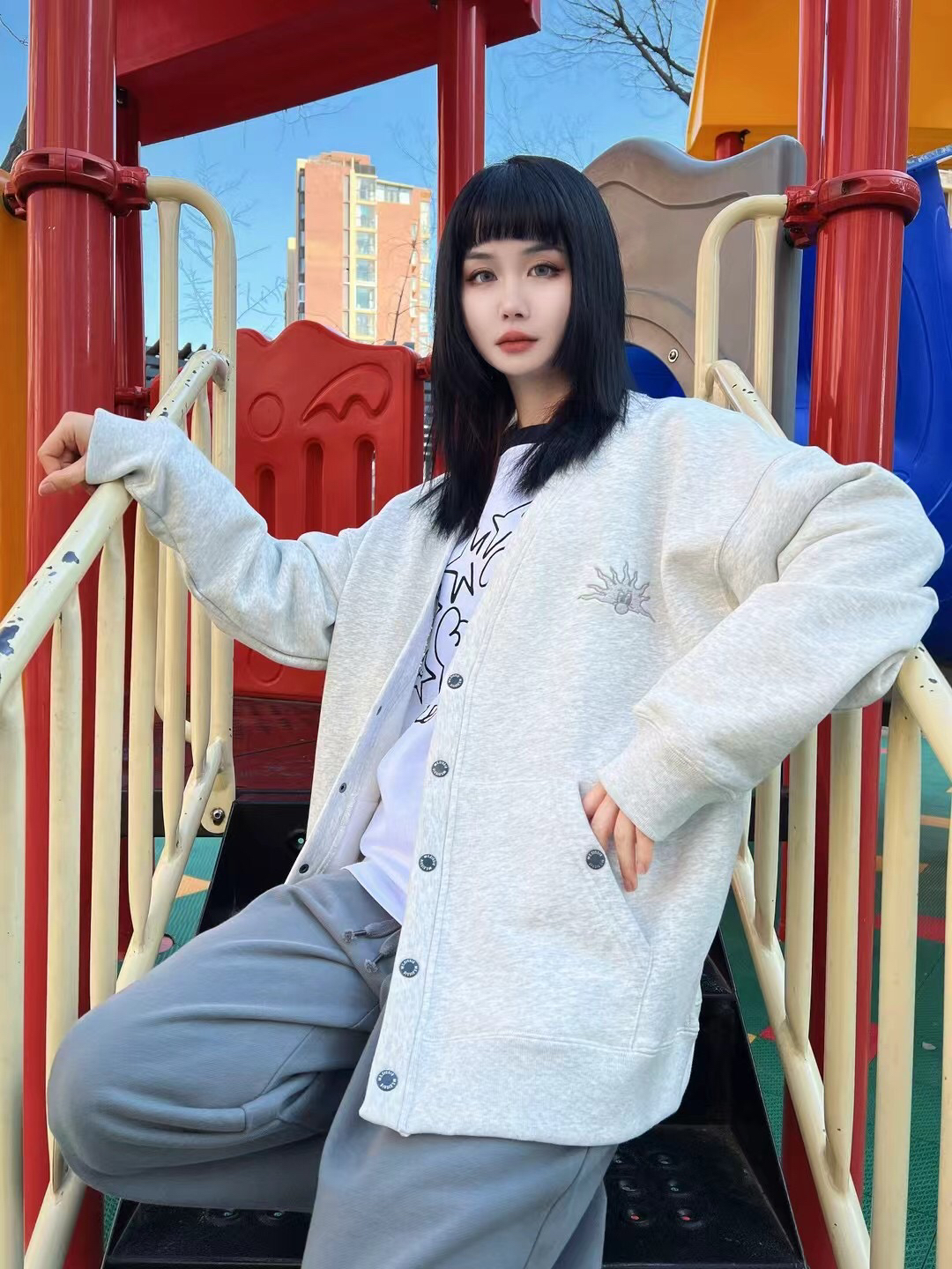 纯棉Aimeewq牛牛纸袋开衫春季新款外套女宽松百搭系扣毛圈棉上衣