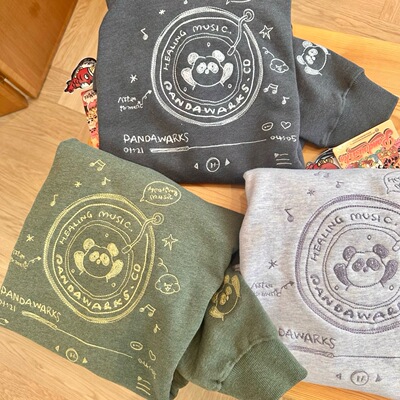 复古唱片机刺绣Pandawarks熊猫纸袋秋冬纯棉毛圈宽松韩系毛边卫衣