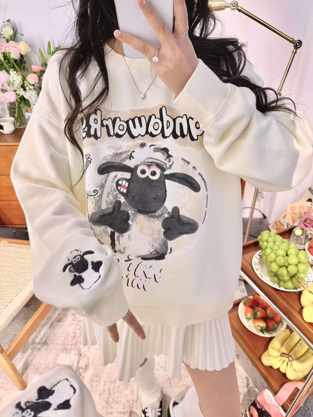 设计师独家手绘Pandawarks熊猫纸袋家春季小羊肖恩纯棉毛圈卫衣女