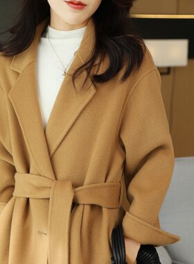 2023年秋冬季新款加厚双面羊绒大衣女中长水波纹高级感毛呢子外套