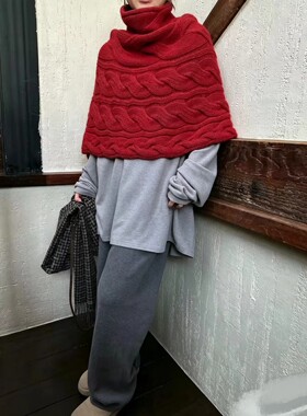 2026春秋冬新款100%纯羊毛衫女高领毛衣披肩针织麻花堆堆领斗篷
