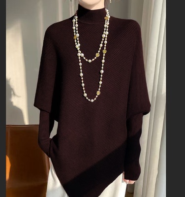 2025春秋冬羊毛衫半高领不规则打底针织衫女宽松斗篷蝙蝠袖毛衣