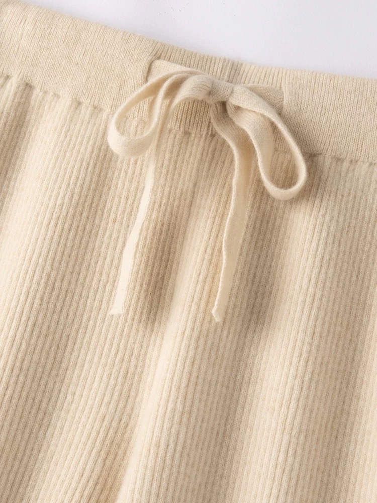 25春秋冬新款100%纯羊毛裤女高腰抽条直筒阔腿裤针织休闲裤长裤