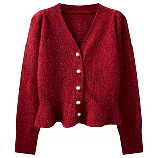 毛衣女秋冬单排扣v领短款针织衫法式荷叶边珍珠V领开衫加金丝外套