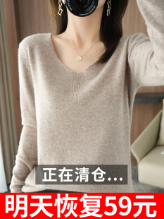 秋冬款V领羊绒衫女内搭短款毛衣宽松显瘦纯色长袖羊毛针织打底衫