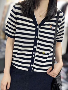 刺绣彩色小马外套毛衣绢丝V领条纹短袖针织开衫女夏薄T恤2024背心