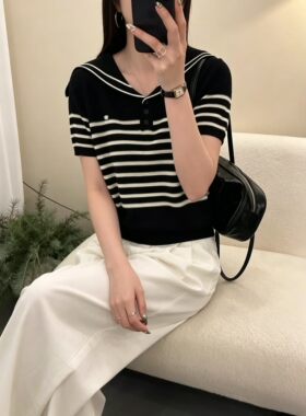 2026夏新款针织衫短袖透气打底海军领条纹POLO衫显瘦背心体恤半袖