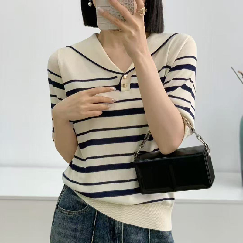 2025春夏新款莱赛尔天丝海军领翻领条纹套头短袖针织衫打底衫女