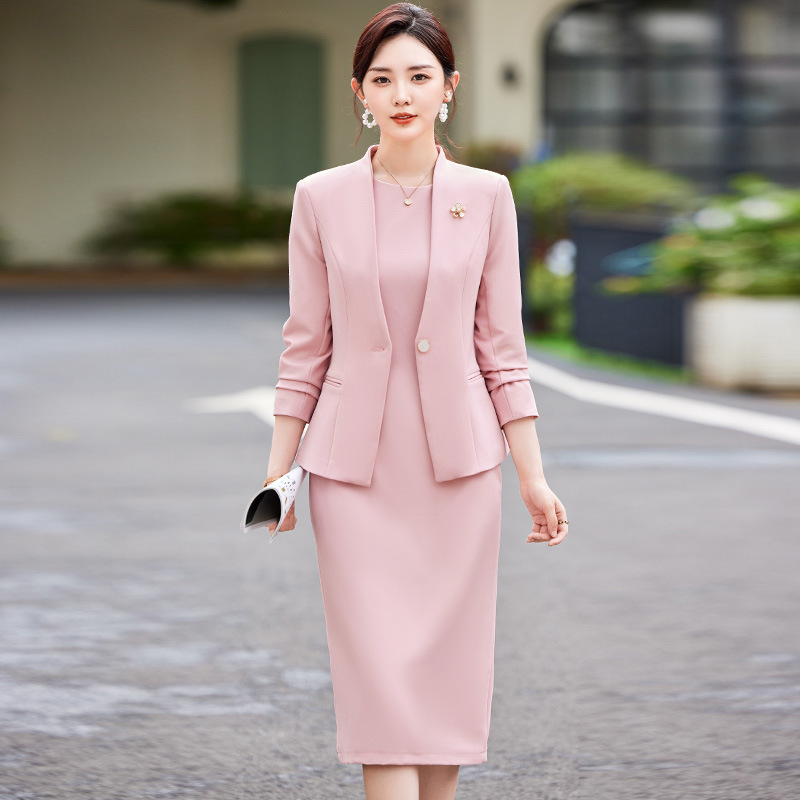 粉色西装套装女两件套裙2024春秋气质职业装西服连衣裙正装工作服