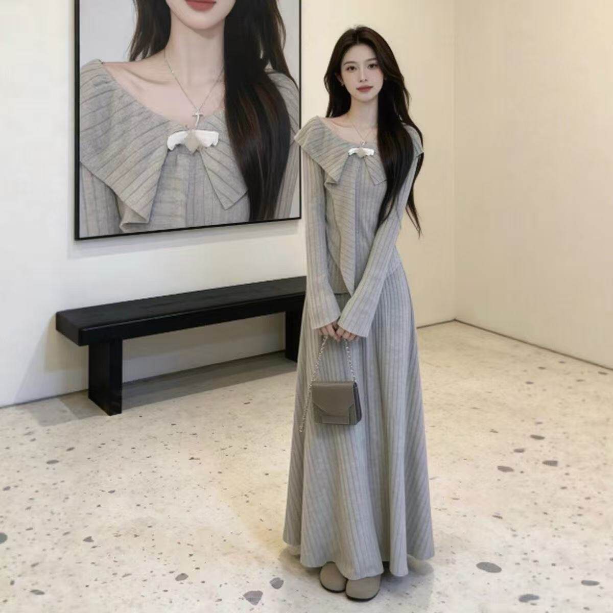 【磨毛】法式上衣针织毛衣半身裙套装女2025新春新款小个子